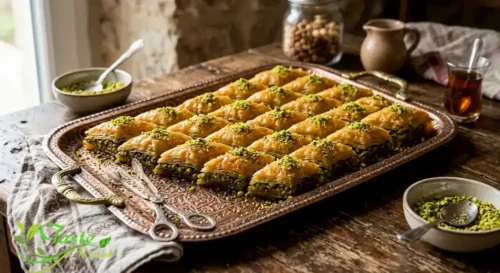 Freshly baked baklava with pistachio filling cut into diamond shapes on a decorative tray