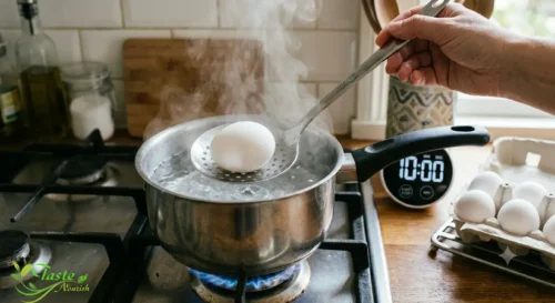 lowering cold eggs into boiling water with slotted spoon