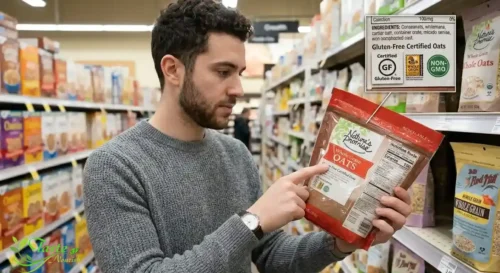 person reading oat package label checking for certified gluten-free oats