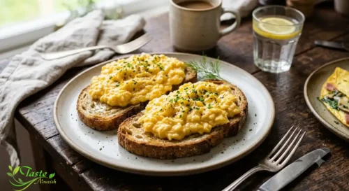 scrambled eggs on whole grain toast – easy high protein breakfast with eggs