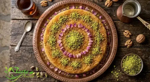 Overhead view of whole kunafa pan with golden shredded pastry topped with pistachios and rose petals