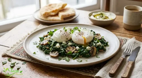 soft poached eggs on sautéed spinach – low calorie healthy egg breakfast