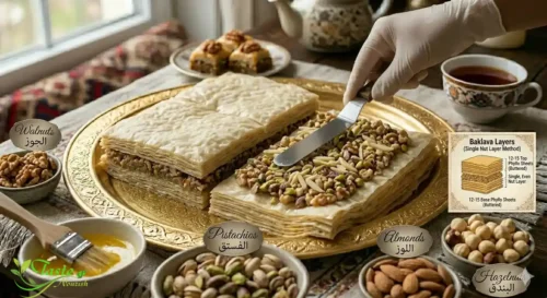 أنواع المكسرات المستخدمة في البقلاوة لوز وجوز وفستق وبندق