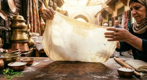 ترقيق عجين البقلاوة حتى يصبح شفافًا كالورق