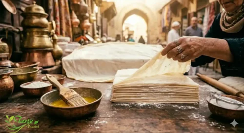 تكديس طبقات عجين البقلاوة بالزبدة والنشا