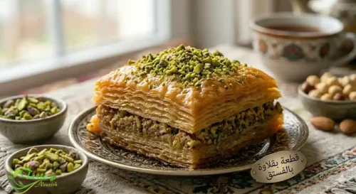 قطعة بقلاوة بالمكسرات هشة ومزيّنة بالفستق الحلبي