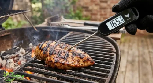 Meat thermometer reading 165°F inserted into grilled chicken breast