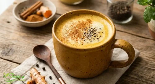 Turmeric Nutrition Facts: A mug of turmeric golden milk latte garnished with cinnamon and a pinch of black pepper