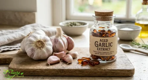 Garlic for Weight Loss: Aged garlic extract capsules next to fresh garlic cloves