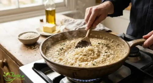 Arborio rice being stirred into a creamy risotto