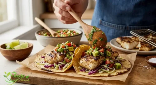 Avocado Salsa Recipe: Avocado salsa spooned over grilled fish tacos