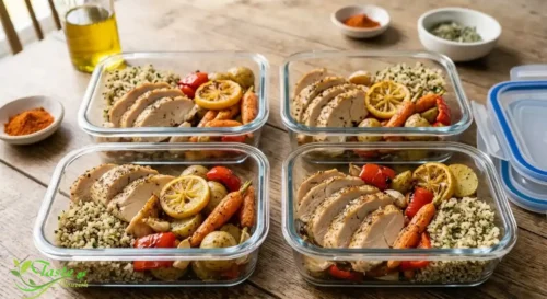 Baked chicken breast portioned into glass meal-prep containers