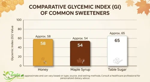 Honey vs Maple Syrup: Bar chart comparing glycemic index of honey, maple syrup, and table sugar