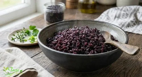 Black forbidden rice cooked in a ceramic bowl