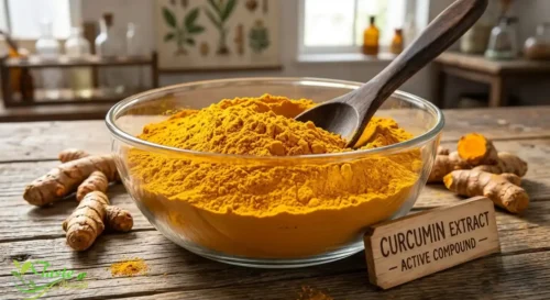 Turmeric Nutrition Facts: Bright yellow curcumin powder, the active compound extracted from turmeric root