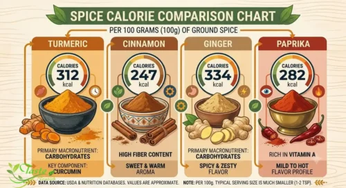 Calorie comparison chart of turmeric versus cinnamon, ginger, and paprika