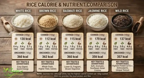 Rice Calories: Chart comparing calories in white rice, brown rice, basmati, jasmine, and wild rice