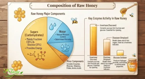 Honey for Lips: Chart showing the sugar, water, and enzyme content of raw honey