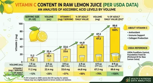 Chart showing vitamin C content in raw lemon juice per USDA nutrition data