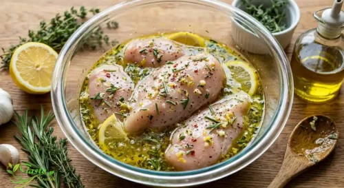 Chicken breast marinating in an olive oil, lemon, and herb marinade