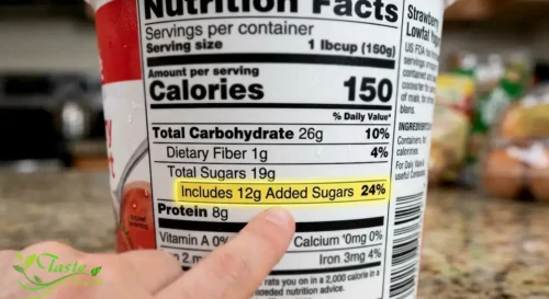 Close-up of a yogurt nutrition label highlighting the added sugars line