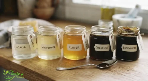 Honey for Weight Loss: Close-up of different honey varieties ranging from light acacia to dark buckwheat