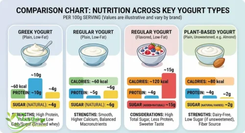 Comparison chart of calories, protein, and sugar across yogurt types
