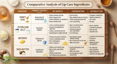 Honey for Lips: Comparison chart of honey vs petroleum jelly, beeswax, and shea butter for lip care
