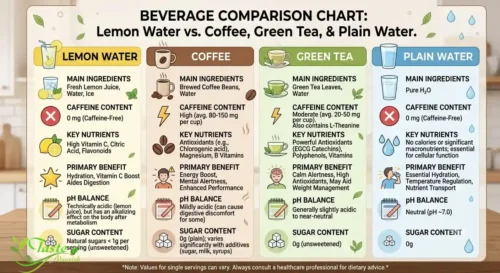 Comparison chart of lemon water versus coffee, green tea, and plain water