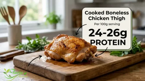 Cooked boneless chicken thigh, a source of 24 to 26 grams of protein per 100g
