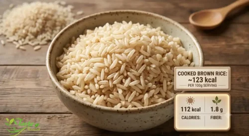 Rice Calories Explained: Cooked brown rice with visible bran layer, about 123 calories per 100 grams
