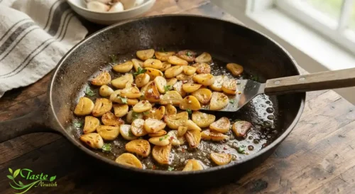 Garlic Side Effects: Cooked, golden sautéed garlic in a skillet