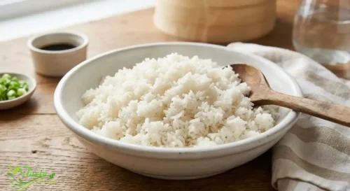 Types of Rice: Cooked jasmine rice in a white bowl
