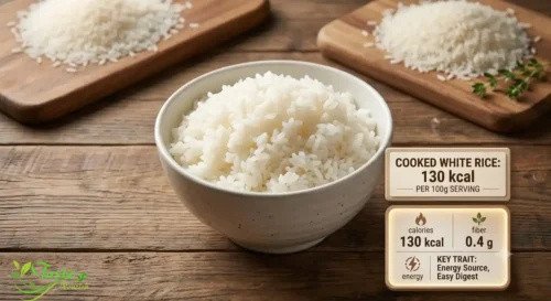 Rice Calories: Cooked white rice in a bowl, about 130 calories per 100 grams