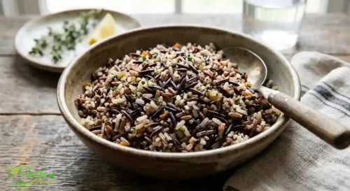 Cooked wild rice blend with visible dark grains