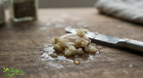 Garlic Nutrition Facts: Crushed garlic clove releasing allicin on a kitchen counte