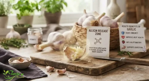 Benefits of Garlic: Crushed garlic clove releasing allicin, the compound behind garlic's health benefits