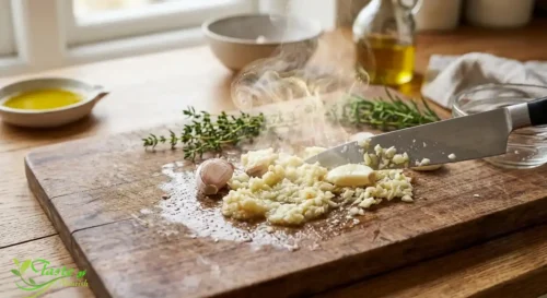 Garlic for Weight Loss: Crushed garlic cloves releasing allicin on a cutting board