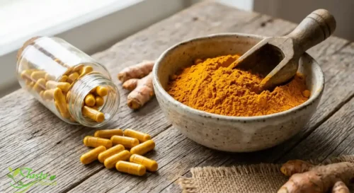 Turmeric for Weight Loss:  Curcumin supplement capsules next to a bowl of turmeric powder