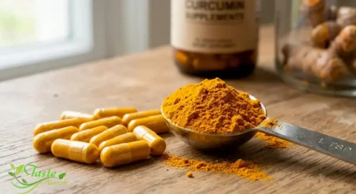 Turmeric and Inflammation: Curcumin supplement capsules turmeric powder