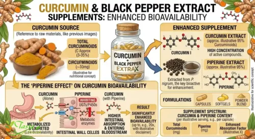 Benefits of Turmeric: Curcumin supplement capsules with black pepper extract for absorption