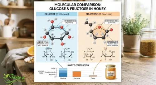 Honey for Energy: Diagram comparing honey's glucose and fructose sugar structure
