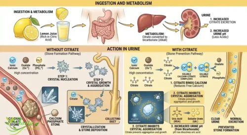 Lemon Water Benefits Diagram illustrating how citrate from lemon juice helps prevent kidney stones