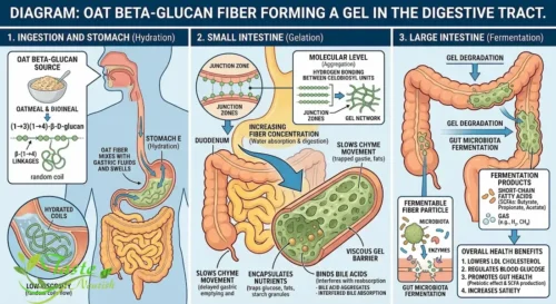 Oats for Gut Health: Diagram of oat beta-glucan fiber forming a gel in the digestive tract