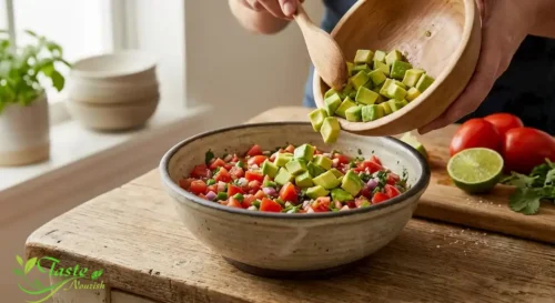 Diced avocado being added to tomato salsa