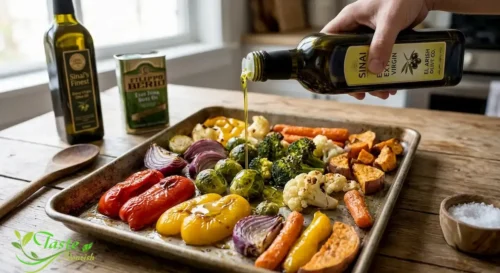Extra virgin olive oil drizzled over roasted vegetables