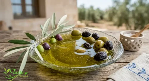 Extra virgin olive oil with olives and olive branch