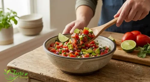 Folding avocado salsa fresca ingredients