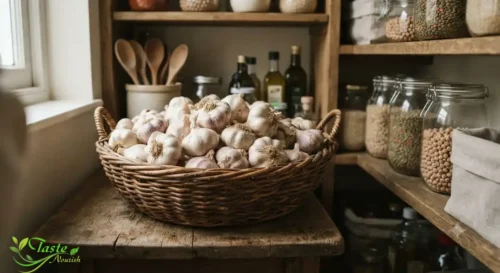 Garlic on an Empty Stomach: Fresh garlic bulbs in a wicker basket for pantry storage