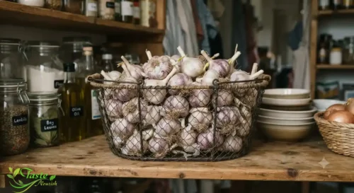 Garlic Nutrition Facts: Fresh garlic bulbs stored in a mesh basket in a pantry